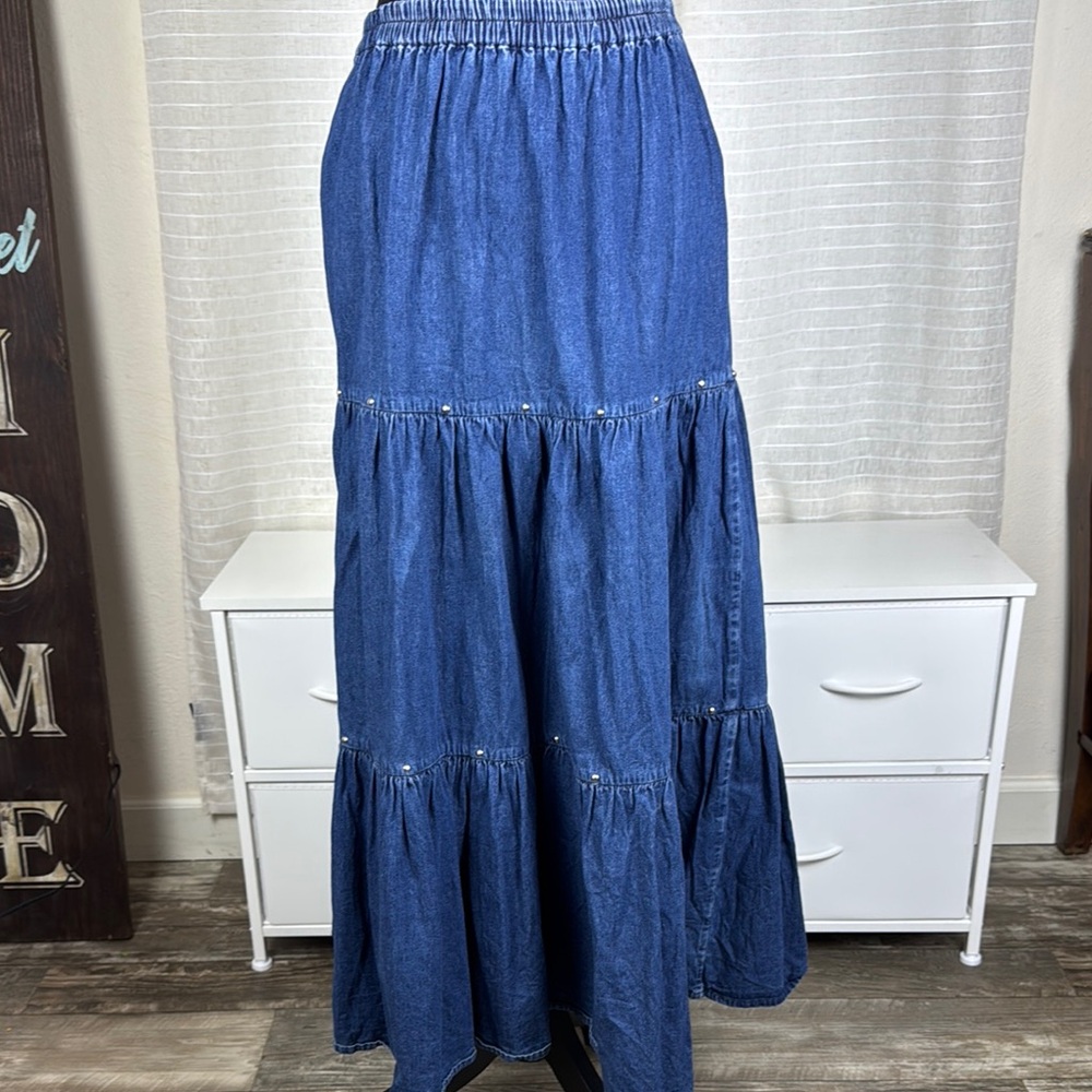 ELLEN RICHMAN Beautiful Women's Blue Denim Maxi Skirt With Details, Xl